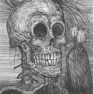 May include: A black and white pen and ink drawing of a skull with a single lit candle in the background.
