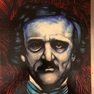May include: A black and white portrait of Edgar Allan Poe with a blue and black background. The portrait is painted in a stylized manner with bold lines and dark colors.