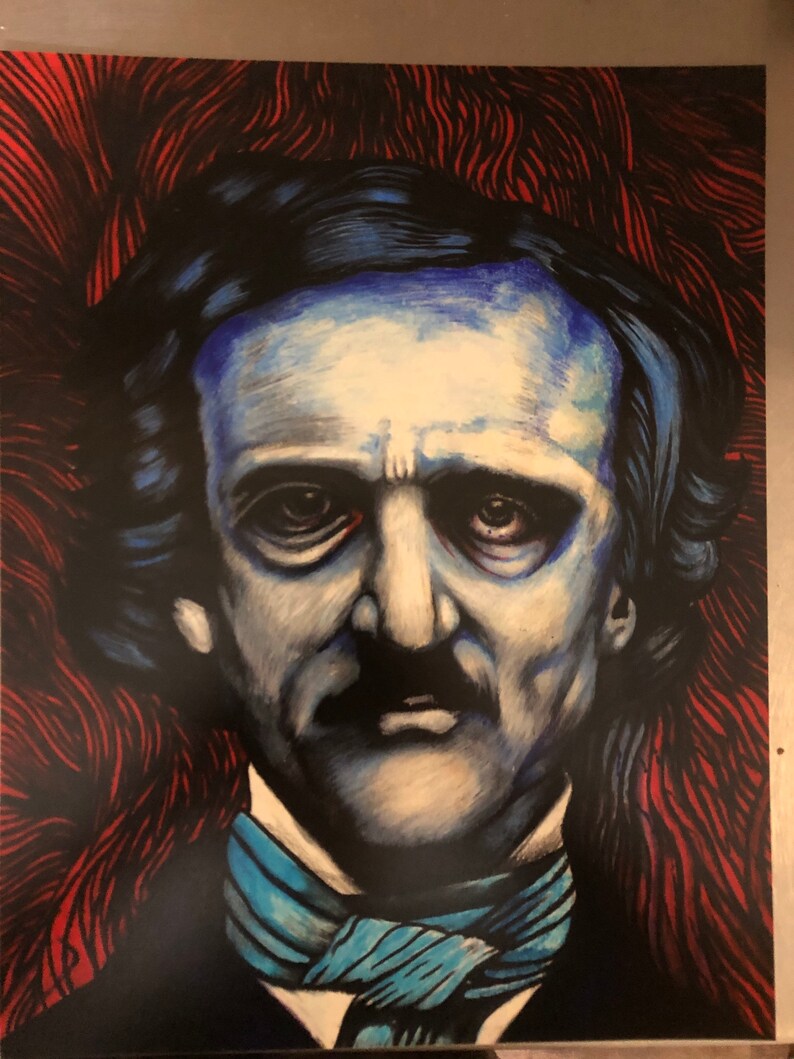 May include: A black and white portrait of Edgar Allan Poe with a blue and black background. The portrait is painted in a stylized manner with bold lines and dark colors.