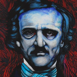 May include: A portrait painting of Edgar Allan Poe, a famous American author, with a dark blue background and a red and black patterned background. The painting is done in a realistic style and shows Poe's face in detail. He has a dark blue and black mustache and a blue and white scarf around his neck.