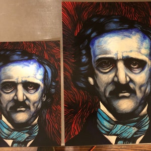 May include: A black and white illustration of Edgar Allan Poe with a blue and white patterned scarf. The background is red and black.