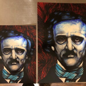 May include: A black and white illustration of Edgar Allan Poe with a blue and white background. The background has a red and black pattern.