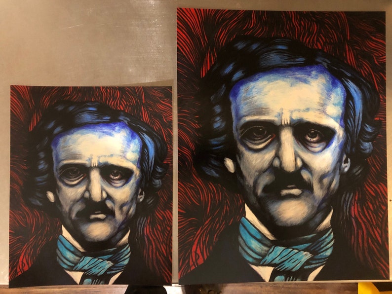 May include: A black and white illustration of Edgar Allan Poe with a blue and white background. The background has a red and black pattern.