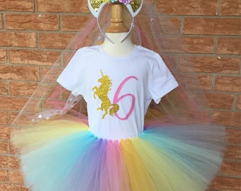 Girl's unicorn birthday outfit, 6th Birthday tutu, rainbow unicorn, Birthday, 6 years old shirt, girls outfit, birthday set, sixth birthday