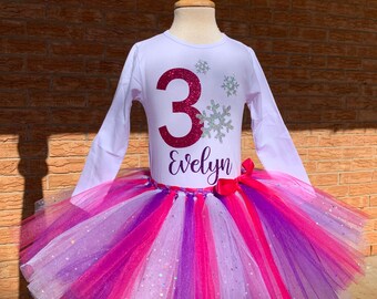 Girl's snowflake third birthday outfit, Third birthday shirt for girls, 3rd birthday, number 3 shirt, pink and purple birthday outfit