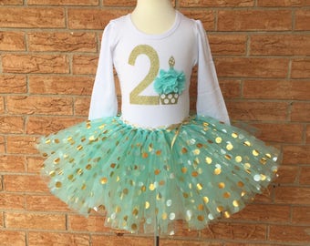 Mint Second birthday outfit for girls, 2nd birthday shirt, birthday outfit for 2 year old girl, turning two tutu, girl's second birthday
