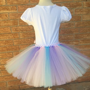 Peut inclure: Un t-shirt blanc avec une jupe tutu en tulle multicolore. La jupe est compos&eacute;e de plusieurs couches de tulle rose, bleu et violet.