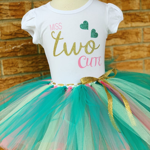Miss 2 cute, Girls Second birthday outfit, 2nd birthday shirt, birthday outfit for 2 year old girl, turning two tutu, pink and gold