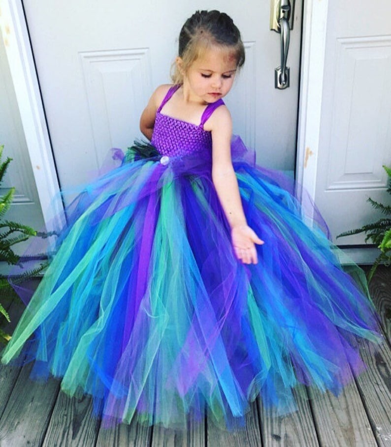 Peacock flower girl dress, turquoise and purple tutu dress, flower girl tutu dress, tulle flower girl dress, peacock wedding, peacock dress image 2