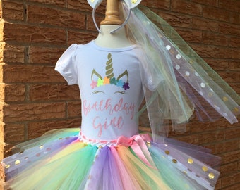 Girls birthday outfit, unicorn birthday shirt, pastel rainbow tutu, birthday outfit for girls, rainbow unicorn party