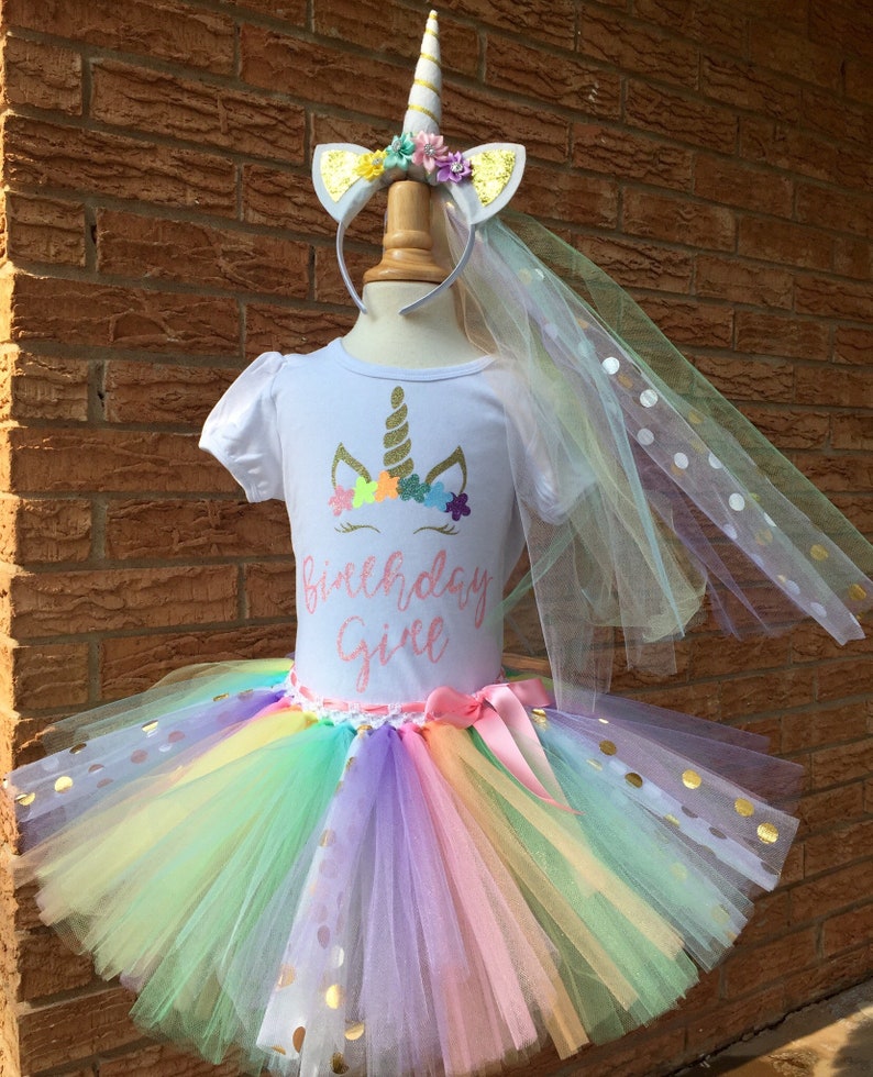 Girls birthday outfit, unicorn birthday shirt, pastel rainbow tutu, birthday outfit for girls, rainbow unicorn party image 1