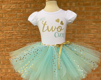 2 cute birthday, Girls Second birthday outfit, 2nd birthday shirt, birthday outfit for 2 year old girl, turning two tutu, mint and gold