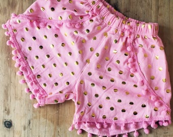 Clearance shorts, gold pink black birthday, rainbow shorts, birthday shorts, pom pom shorts,