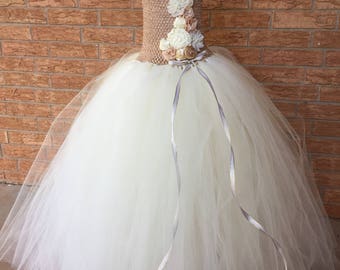 Ivory and champagne flower girl dress, beige dress, flower girl tutu dress, tan and ivory wedding, girls wedding dress, eloquent dress
