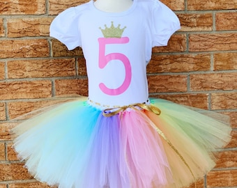 Fifth birthday shirt outfit for girls, rainbow princess 5th birthday, girls birthday shirt , pastel rainbow tutu