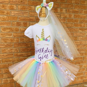 Girls birthday outfit, unicorn birthday shirt, pastel rainbow tutu, birthday outfit for girls, rainbow unicorn party