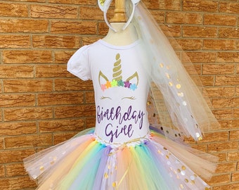 Girls birthday outfit, unicorn birthday shirt, pastel rainbow tutu, birthday outfit for girls, rainbow unicorn party