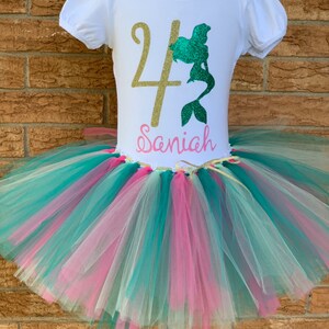 Girl&#39;s fourth mermaid birthday outfit, 4th Birthday tutu, Mermaid Birthday, pink and teal mermaid shirt, birthday set, 4 year old
