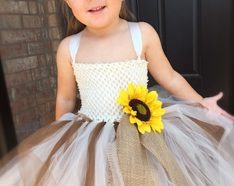 Sunflower burlap wedding dress, ivory tutu dress, country wedding, poofy flower girl dress, ivory yellow wedding