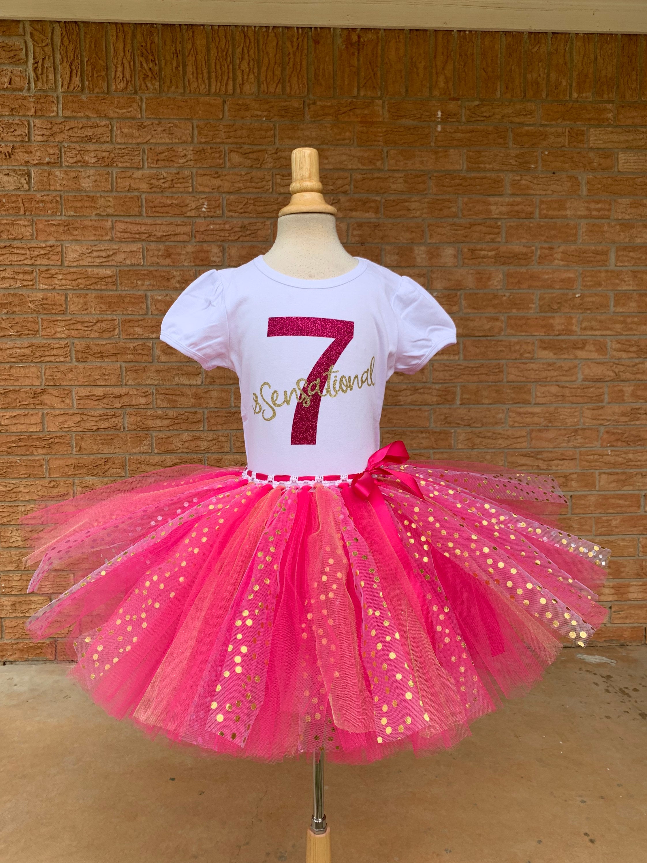 TheTwirl Girl s Seventh Birthday 7th Birthday Tutu 7 Pink and Gold Girls Outfit Birthday Set Seven Birthday Seven and Sensational Polka Dots