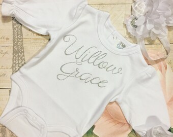 Take home outfit for baby girl, baby shower gift, personalized baby name, ruffle bodysuit, baby photoshoot, customizable oneise