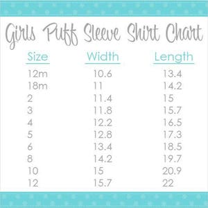 Peut inclure: Un tableau indiquant les tailles de chemises &agrave; manches bouffantes pour filles avec les mesures de largeur et de longueur correspondantes en pouces. Le tableau r&eacute;pertorie les tailles de 12 mois &agrave; 12 ans.