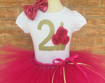 Girls Second birthday tutu outfit, 2nd birthday shirt, birthday outfit for 2 year old girl, pink ams gold birthday