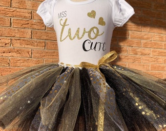 Two cute birthday, Girls Second birthday outfit, 2nd birthday shirt, birthday outfit for 2 year old girl, turning two tutu, black and gold