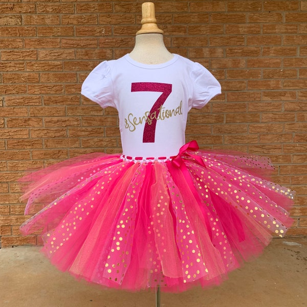 Girl's Seventh birthday, 7th Birthday tutu, 7 pink and gold, girls outfit, birthday set, seven birthday, seven and sensational, polka dots