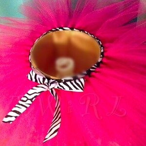 May include: A bright pink tulle tutu with a black and white zebra print ribbon tied around the waist.