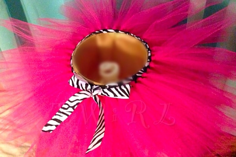 May include: A bright pink tulle tutu with a black and white zebra print ribbon tied around the waist.
