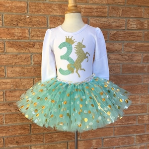Girls Third birthday tutu outfit, 3rd birthday outfit, girls third birthday shirt, unicorn party birthday, 3 year old birthday outfit mint
