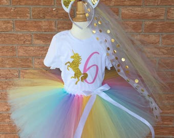 Girl's Unicorn Birthday Outfit, 6th Birthday Tutu, Rainbow Unicorn