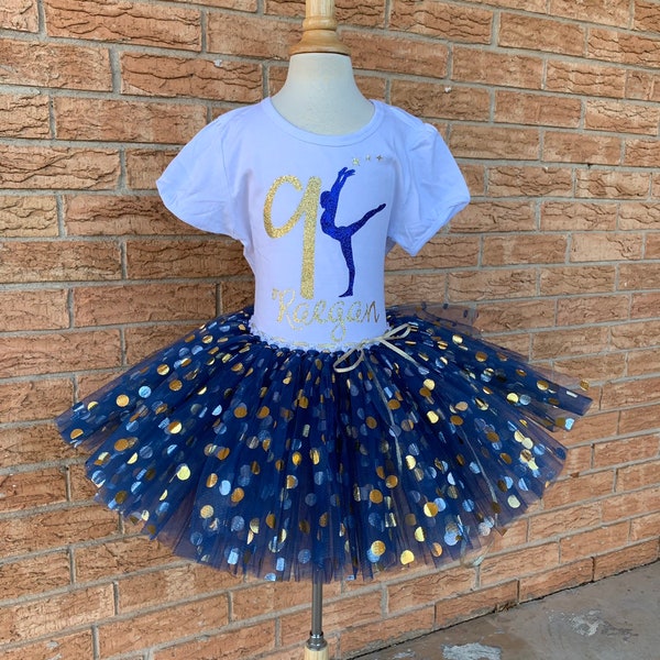 girls ninth birthday, gymnastic shirt, 9th birthday outfit, gymnast, gym party, blue and gold, golden birthday