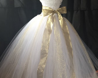 White flower girl dress, gold and white dress, gold wedding, white wedding, fancy girl dress, gold dress, wedding tutu dress, dress