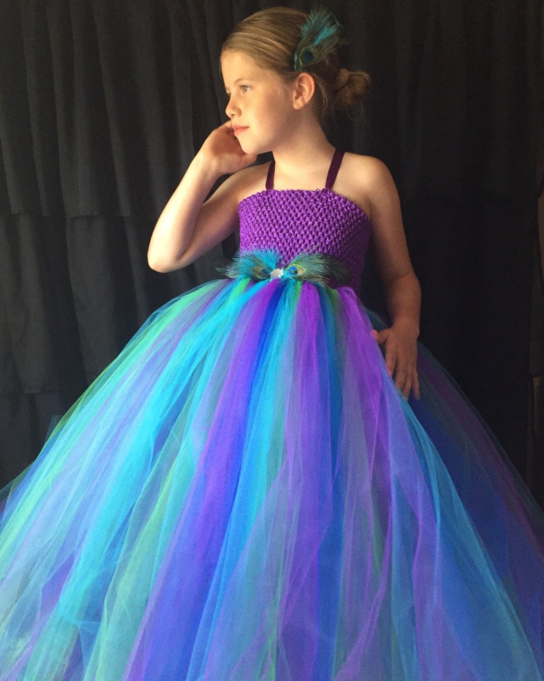 Peacock flower girl dress, turquoise and purple tutu dress, flower girl tutu dress, tulle flower girl dress, peacock wedding, peacock dress image 1
