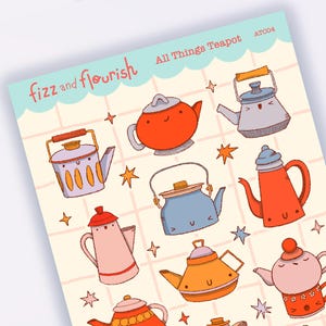 Teapot Sticker Sheet | Cute Kawaii Teapots | Vintage Tea Stickers for Planners, Journals, Scrapbooks & Cosy Tea Gifts