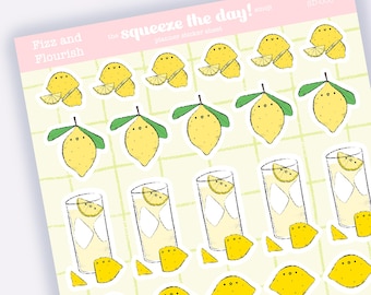 Hoja de pegatinas de limón / Pegatinas de frutas kawaii "Exprime el día" / Bonitas pegatinas cítricas para planificador, scrapbooking de verano y decoración de diario