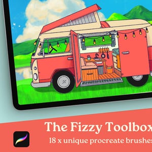 May include: A digital illustration of a red and white camper van with a pop-up roof. The van has a string of lights hanging above the open door, revealing a small kitchen and living space inside. The van is parked in a green grassy field with a blue sky and white clouds in the background. The text "The Fizzy Toolbox 18 x unique procreate brushes" is displayed below the image.