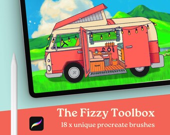 May include: A digital illustration of a red and white camper van with a pop-up roof. The van has a string of lights hanging above the open door, revealing a small kitchen and living space inside. The van is parked in a green grassy field with a blue sky and white clouds in the background. The text "The Fizzy Toolbox 18 x unique procreate brushes" is displayed below the image.