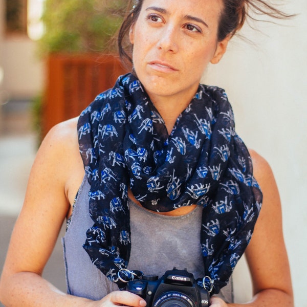 Camera Strap, Scarf, Elephants, Stylish, Comfortable, Lightweight, dslr, slr Canon, Nikon, crossbody camera strap - The Phoebe