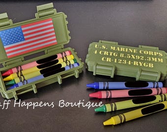 Marine Corps Crayon Ration Box – Now with a Surprise American Flag Inside! - 3D Printed Box w/ Crayons