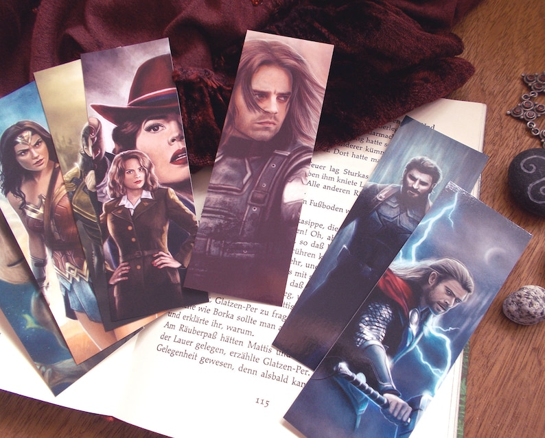Superhero bookmarks featuring Bucky, Cap, Thor, Loki and more book gifts image 1