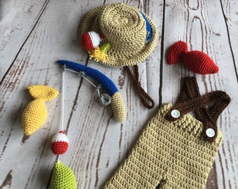 Fishing Outfit - Newborn Photo Prop - Newborn Photo Outfit - Photo Prop Boy - Fisherman - Baby Shower Gift - Photo Outfit Boy - Matching Set