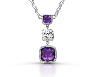 Amethyst and Diamond Pendant in Sterling Silver with Chain