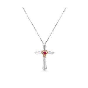 Sterling Silver Cross Pendant Necklace with Round Created Ruby and 14K Rose Gold over Sterling Silver Open Heart