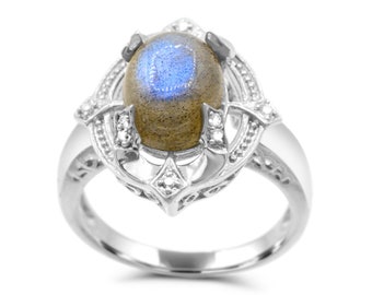 Moonstone Silver Ring with Diamonds - Size 7