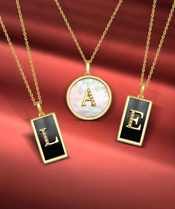 Initial Charm Necklace T, Black Onyx Diamond, 18K Gold Plated