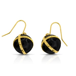 14K Yellow Gold Caged Black Onyx Bead Dangling Earrings