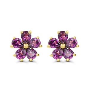 14K Yellow Gold over Sterling Silver Rhodolite Floral Stud Earrings